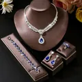 Luxury elegant silver jewelry set with sparkling blue teardrop crystals for wedding bridal use - G300 Blue 4-Piece Set