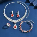 Elegant red gemstone and crystal necklace earring set in silver plating - G300 Red 4-Piece Set