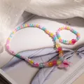 Colorful beaded jewelry set including a necklace and bracelet with a pink butterfly pendant - Colorful Beaded Butterfly Pendant Set (ZJ16368)