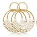 Elegant Bohemian hand-woven white cotton cord and gold-plated metal hoop earrings for women - Fan Shaped Style (e468-Style 2) / 1 Pair Pack