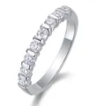 Detailed view of an S925 sterling silver ring set with sparkling round moissanite stones. - US Size 5 / Bar-Set Row Style (R13241) / Silver