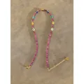 Detailed view of purple beaded evil eye necklace with gold heart charm and extender chain. - Style L / One Size / 38+5cm / Purple
