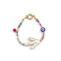 Close-up of colorful beaded necklace with evil eye charm and baroque pearl pendant - Style N Bracelet / One Size / 18cm