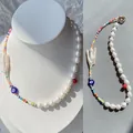 Handmade evil eye pearl necklace featuring vibrant colorful seed beads and gold clasp - Style N / One Size / 39cm