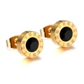 Punk style gold stainless steel stud earrings with black stone and Roman numerals - Roman Numeral Ring With Black Zirconia Style (EA50839BG)