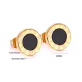 Gold plated stainless steel round stud earrings with Roman numerals and black inlay - Roman Numeral Ring With Black Shell Style (EA50600BG)