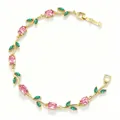 Detailed view of the gold-toned bracelet featuring pink tulip stones and green leaves. - Gold Pink Green Zirconia Tulip