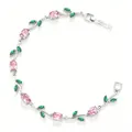 Detail view of an elegant silver-plated vine bracelet with pink stones and green leaf gems. - Silver Pink Green Zirconia Tulip