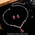 Detailed shot of red teardrop zircon necklace and earrings bridal jewelry set - Teardrop Style (GS021) / Red