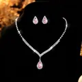 Elegant wedding jewelry set featuring pink pear-shaped zircon necklace and earrings - Teardrop Style (GS021) / Pink