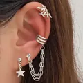 Elegantes vierteiliges silbernes Ohrring-Set mit Sternanhänger und kettengebundenen Ohrmanschetten - Olivenblatt Pentagramm-Stil (K-733) / Silber