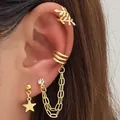 Modisches 4-teiliges goldenes Ohrmanschetten-Set mit Sternanhänger und Strass-Kette - Olivenblatt Pentagramm-Stil (K-734) / Gold