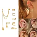 Elegantes vergoldetes Ohrmanschetten-Set mit Blattanhängern und Clip-On-Knorpelringen - Böhmischer Blatt-Stil (6908) / 7-teiliges Set / Gold