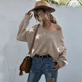 Stylish khaki V-neck long sleeve knitted sweater featuring white star print pattern - Khaki