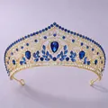 Elegant vintage luxury gold tiara featuring royal sapphire blue crystals for weddings - Elegant Blue Crown TS-J3212GBLUE