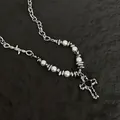 Collier croix gothique en acier titane avec cœur noir et perles blanches élégantes - Collier Perles Croix Cœur Vintage (L684-A)