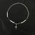 Collana con ciondolo a croce in acciaio al titanio argento e eleganti perle bianche - Stile A (L685-A)