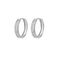 Close-up of silver-tone hoop earrings with multiple rows of sparkling clear stones. - Triple-row Micro-pave Geometric Round Style (E3128P-13) / 18K Gold / Silver