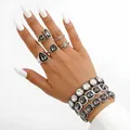 Elegant grey stone jewelry set with silver rings and bracelets on white background - Rings And Bracelets Combination Set (18)