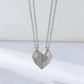 Elegant magnetic silver-tone heart pendant couple necklaces for best friends gift - Geometric Faceted Magnetic Style (M-243)