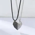 Matching magnetic heart necklaces for couples or friends in black cord and silver chain - Geometric Faceted Magnetic Style (M-282)