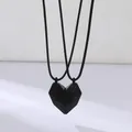 Matte black magnetic heart necklace set for couples with adjustable cords - Geometric Faceted Magnetic Style (M-284)