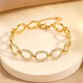 Elegant 18k gold plated oval link stainless steel bracelet with crystal rhinestones - Round Full Rhinestone Style / Gold