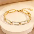 Elegant 18k gold plated stainless steel bracelet with sparkling rectangular rhinestones - Long Buckle Style with Full Rhinestones / Gold