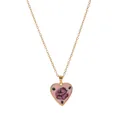 Vintage gold chain necklace featuring a pink enamel heart pendant with a purple rose - Pink Heart Necklace