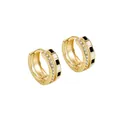 Detailed view of gold hoop earrings with black and white enamel squares and pavé stones. - Geometric Mixed Color Enamel Style (XJE0009)