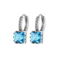 Close-up of silver geometric hoop earrings featuring square light blue gemstone pendants - Light Blue Square Gem Style (XJE0019)