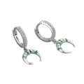 Elegant silver hoop earrings featuring crescent moon charms with green stones detail - Crescent Moon Pendant Style (XJE0005)