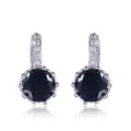 Detail showing elegant minimalist silver hoop earrings featuring large round black gemstones - Black Round Main Stone Style (XJE0024)