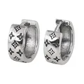 Detailed view of silver hoop earrings with engraved floral patterns and S925 hallmark - Retro Four-Petal Floral Hoop Style (XJE0030)