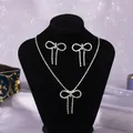 Luxury silver rhinestone bowknot necklace and earrings set for elegant wedding party - Elegant 3-Piece Set (NS-J6573S) / Silver