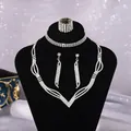 Vintage silver rhinestone wedding jewelry set with necklace earrings bracelet ring - Retro 4-Piece Set (NS-J6569S) / Silver
