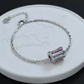 Elegant silver chain bracelet featuring a cylindrical multi-color zircon charm on white stone - Vine Pattern Colorful Gem Slide Style (SL0564)