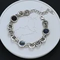 Retro vintage S925 silver bracelet with black zircon and Roman numeral engravings - Roman Numerals Black Stone Style (SL0539)