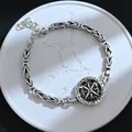 Vintage retro hip-hop silver chain bracelet with compass charm and red zircon inlay - Star Compass Red Stone Style (SL0578)