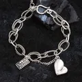 Vintage silver hip-hop chain bracelet with heart and GOING STEADY engraved charms - Rectangle Letter & Heart Style (SL0154)