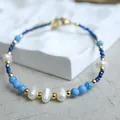 Macro detail of blue turquoise stones and white baroque pearls on a gold-beaded bracelet - Blue-Green Beaded Style with Artificial Pearl (Bracelet 2) / 17+3cm