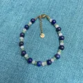 Macro detail of a New Chinese style beaded bracelet with lapis lazuli and jade stones - Dark Blue and Grass Green Beaded Style (Bracelet 12) / 17+3cm