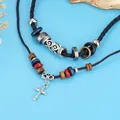 Handmade retro cross pendant necklace featuring black braided cord and colorful wooden beads - Cross