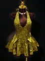 Elegantes goldenes Neckholder-Abendkleid mit floralem Jacquard-Muster und Seitenschleifen - Grün / S