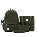 Large capacity olive green 4-piece student backpack set with minimalist fashion design - No Pendant / Green