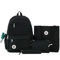Minimalist black 4-piece student backpack set with tote bag and pouches for teens - No Pendant / Black