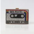 Retro cassette-shaped evening clutch bag encrusted with sparkling rhinestones for parties - 80s Rock Style (Tape) / Dark Gray