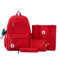 Solid red 4-piece schoolbag set for students including backpack, tote, pouch and case. - No Pendant / Red