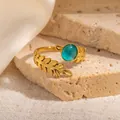 Vintage French leaf adjustable ring in gold stainless steel with green cat's eye stone. - Leaf Texture Green Cat's Eye Adjustable Style (TYR1137)
