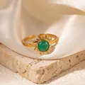 Vintage French style gold stainless steel adjustable ring with green sunburst stone - Sunburst Green Stone Adjustable Style (TYR1033)